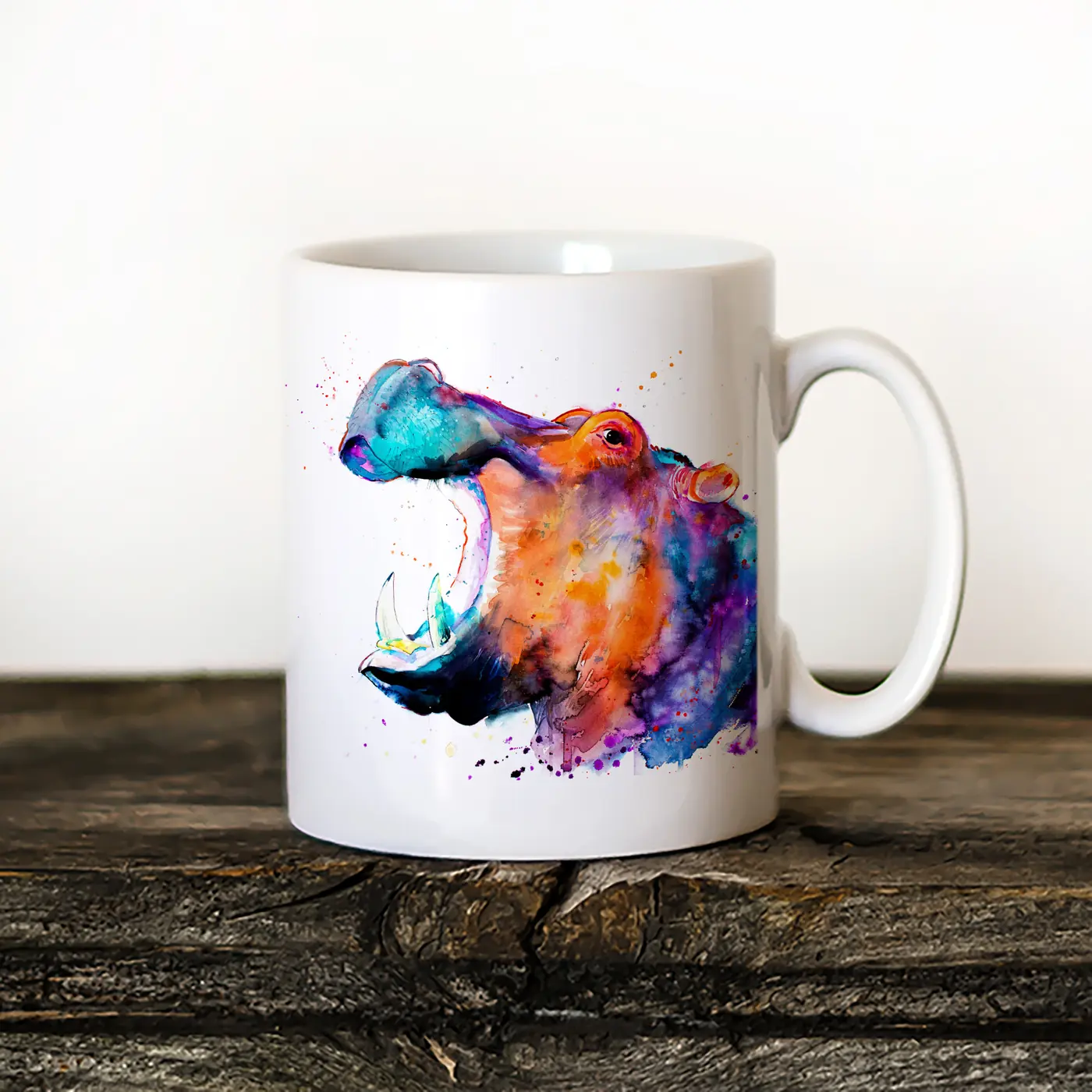 Ceramic mug with a watercolour hippopotamus print