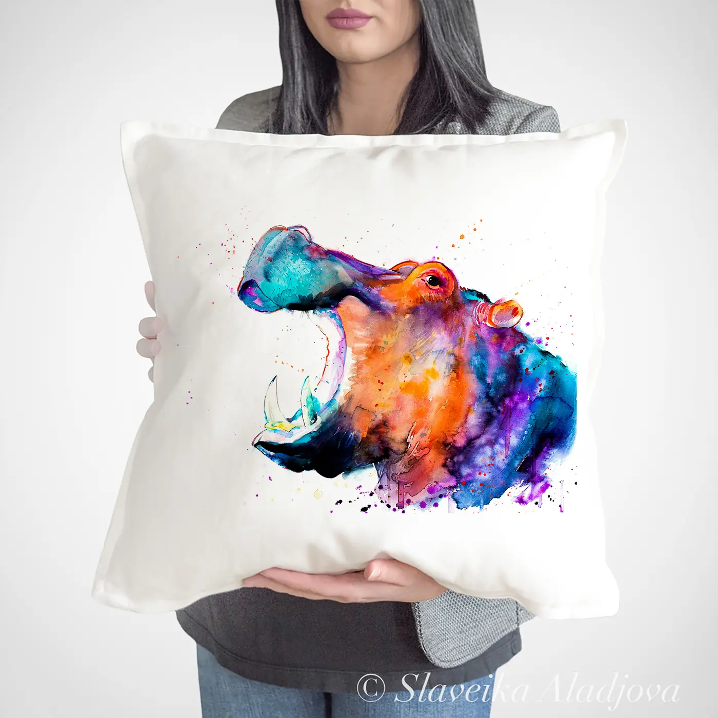Cushion with a watercolour hippopotamus print