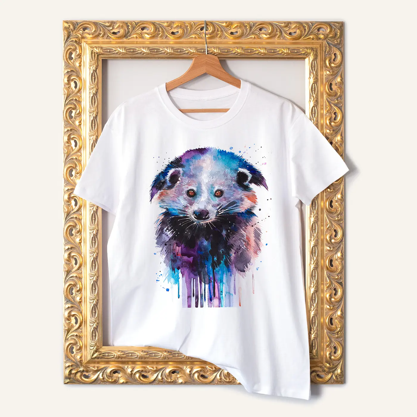 White t-shirt with a watercolour binturong print