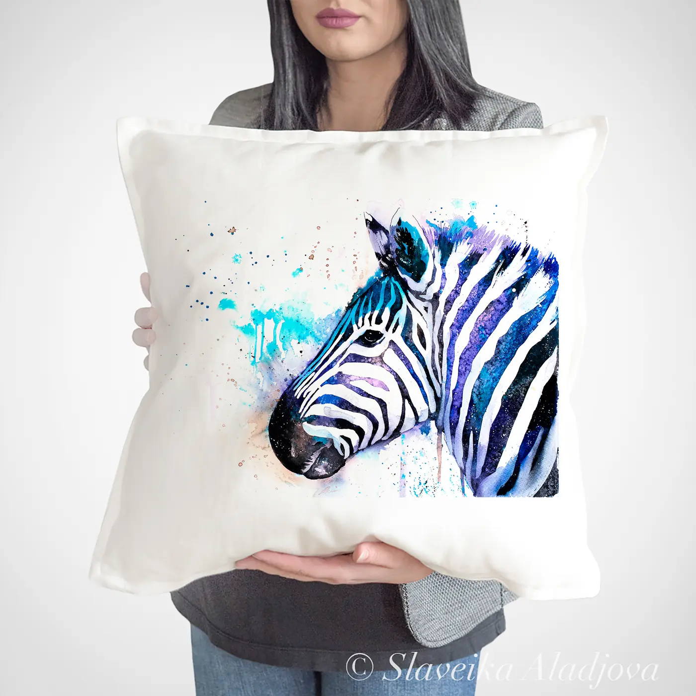 Cushion with a watercolour zebra with a mane print