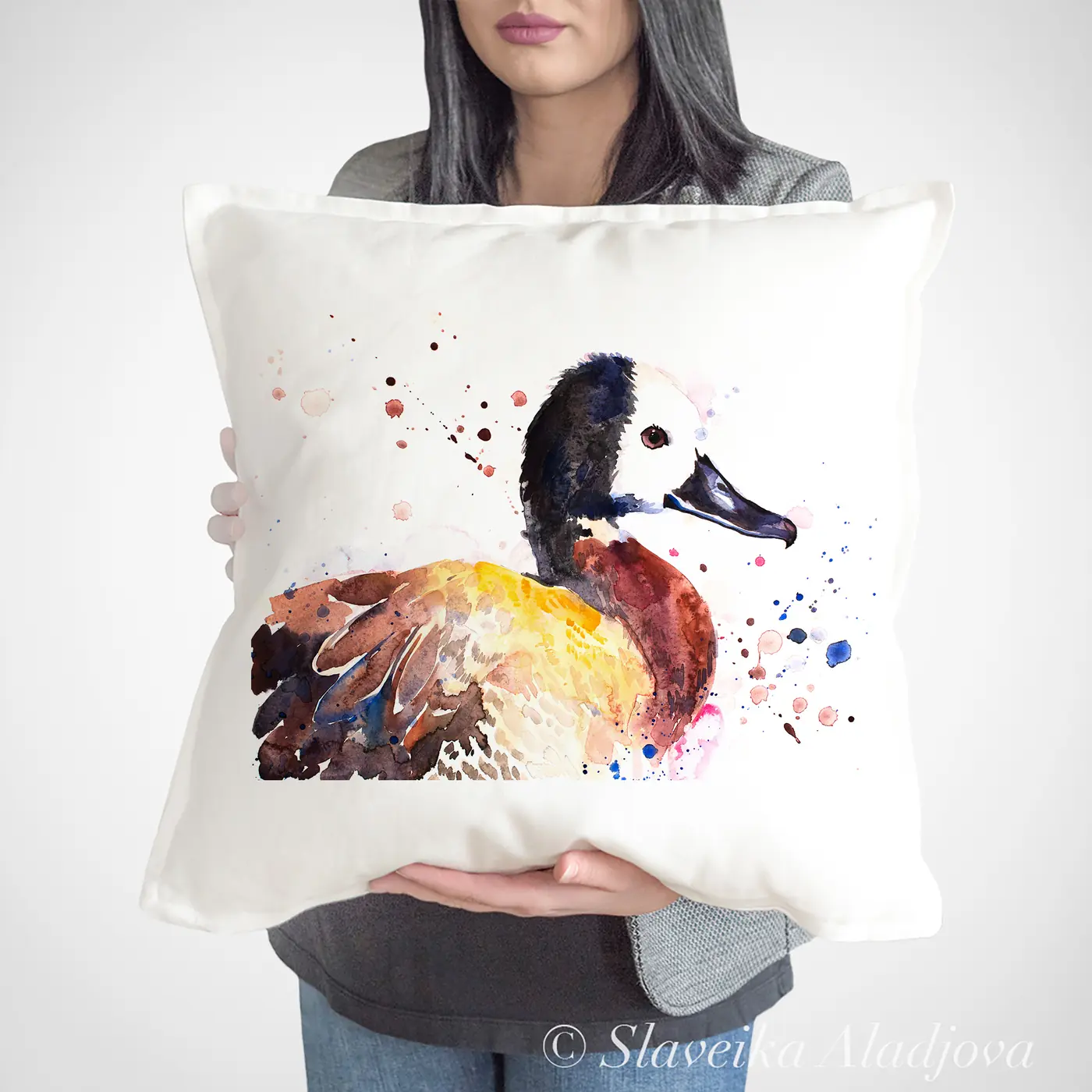 Възглавница с акварелна щампа на патица свирачка