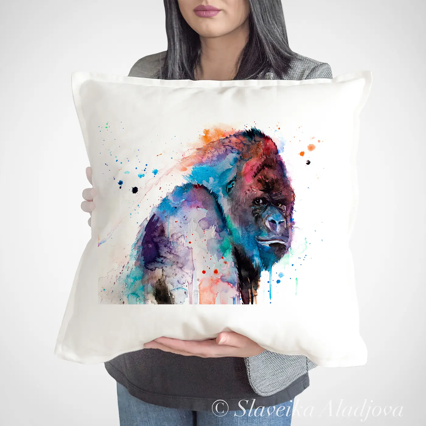 Cushion with a watercolour gorilla print