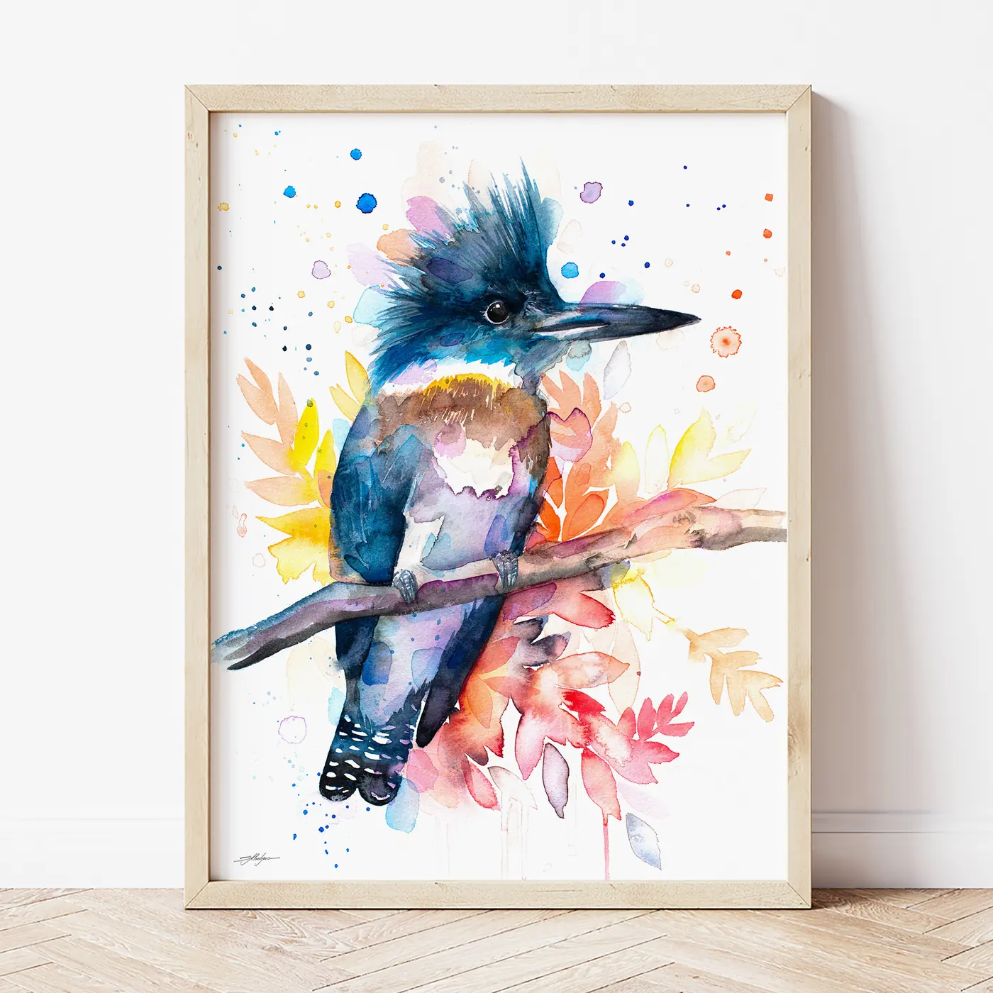 Art print with a watercolour belted kingfisher print