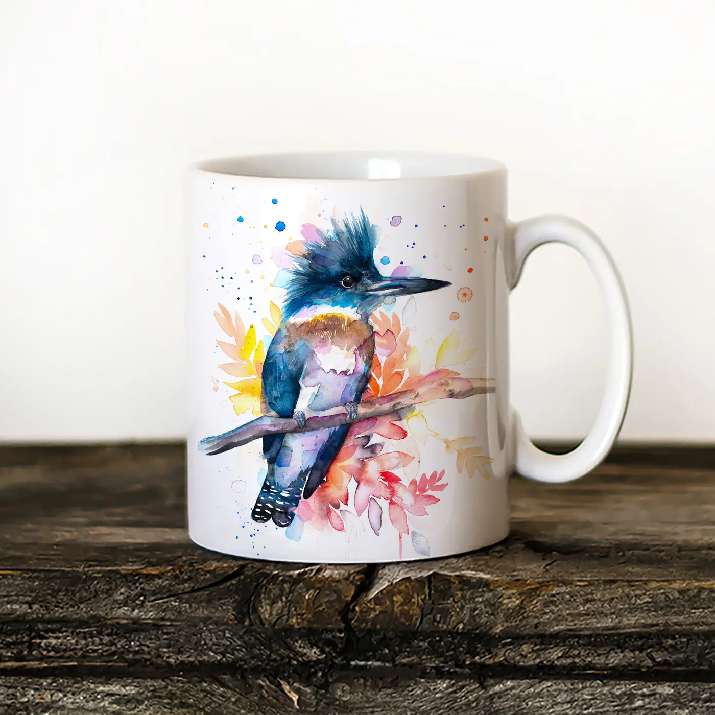 Ceramic mug with a watercolour belted kingfisher print