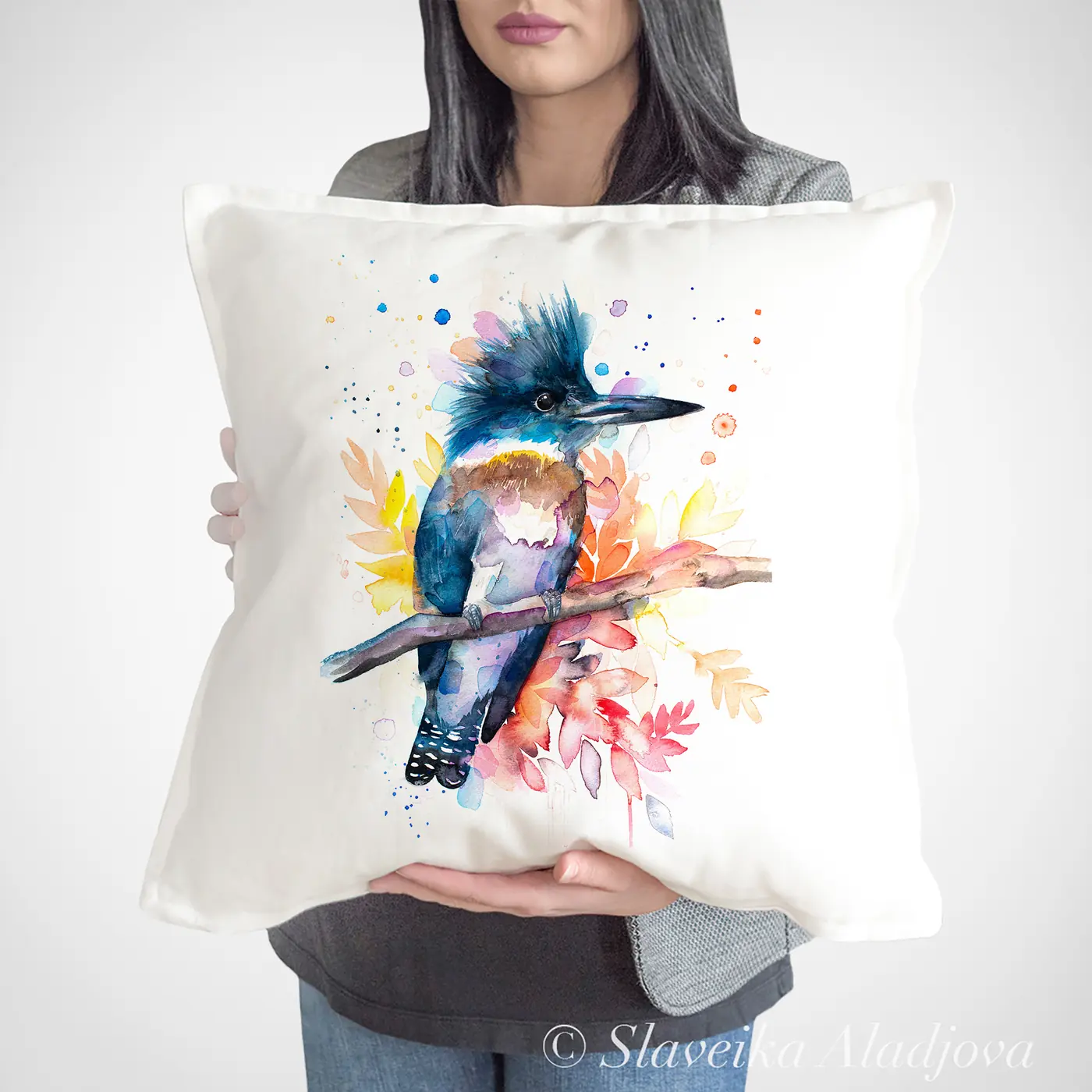 Cushion with a watercolour belted kingfisher print