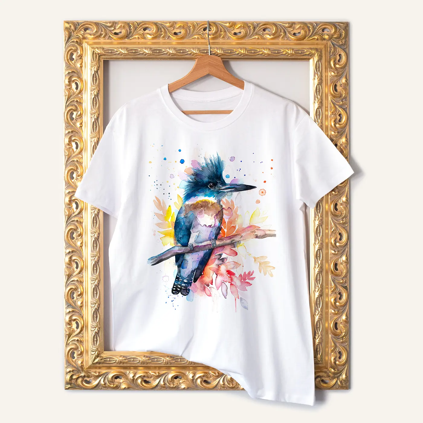 White t-shirt with a watercolour belted kingfisher print