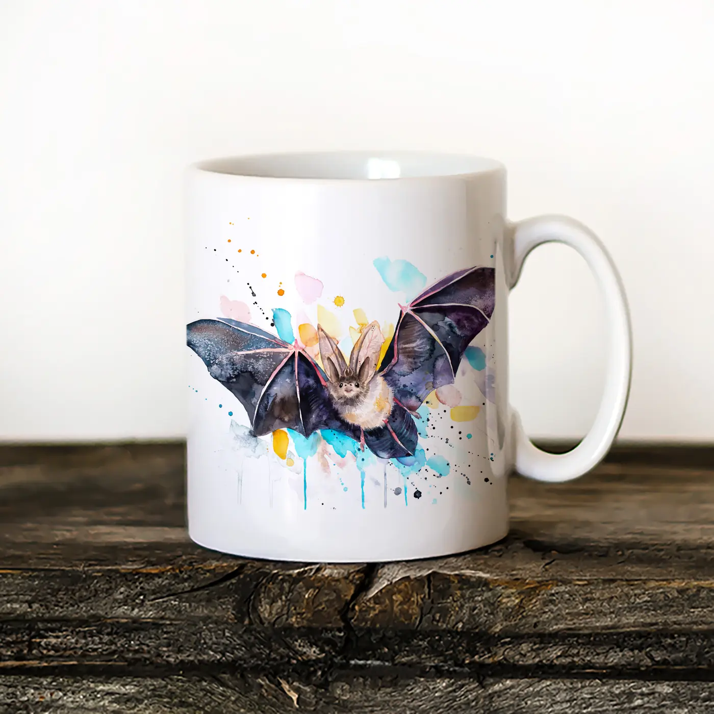 Ceramic mug with a watercolour bat print