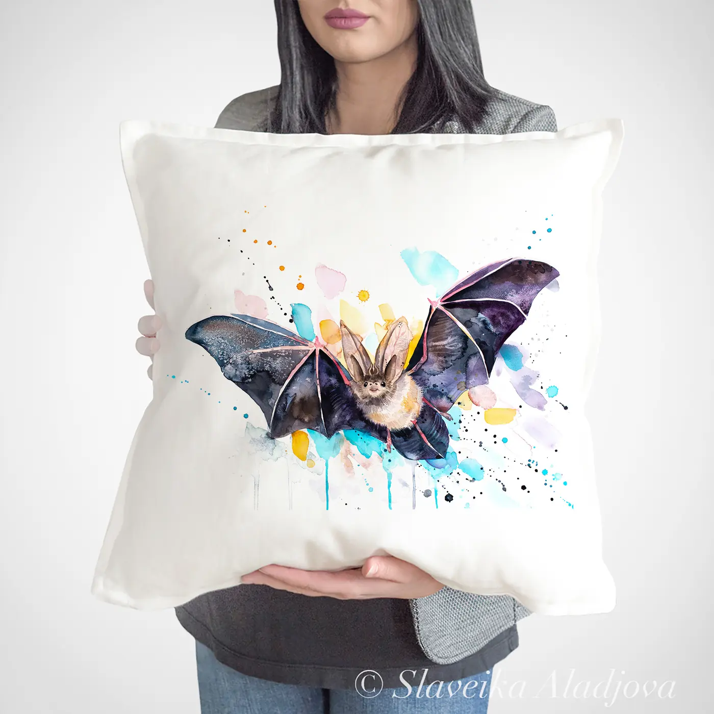 Cushion with a watercolour bat print
