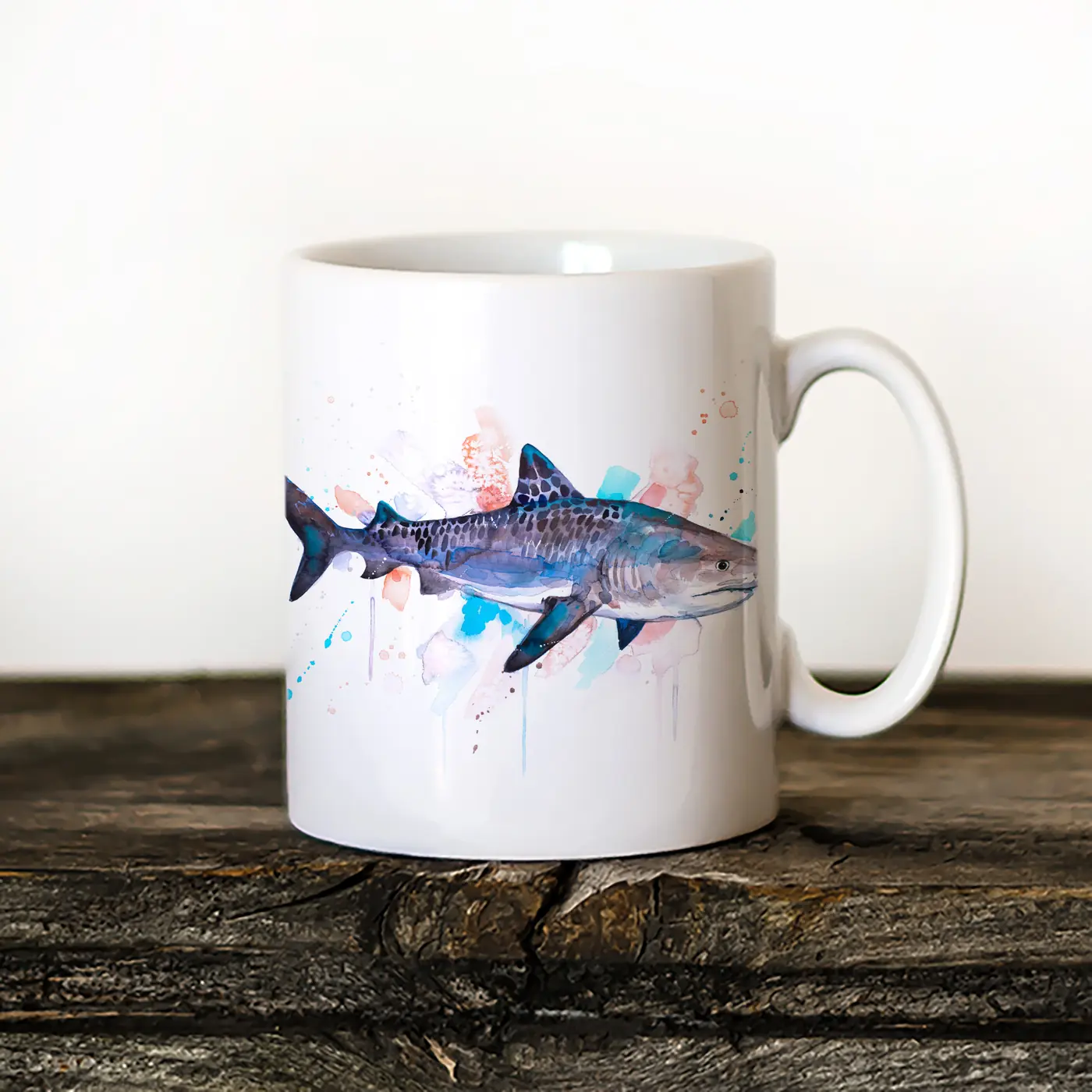 Ceramic mug with a watercolour tiger shark print