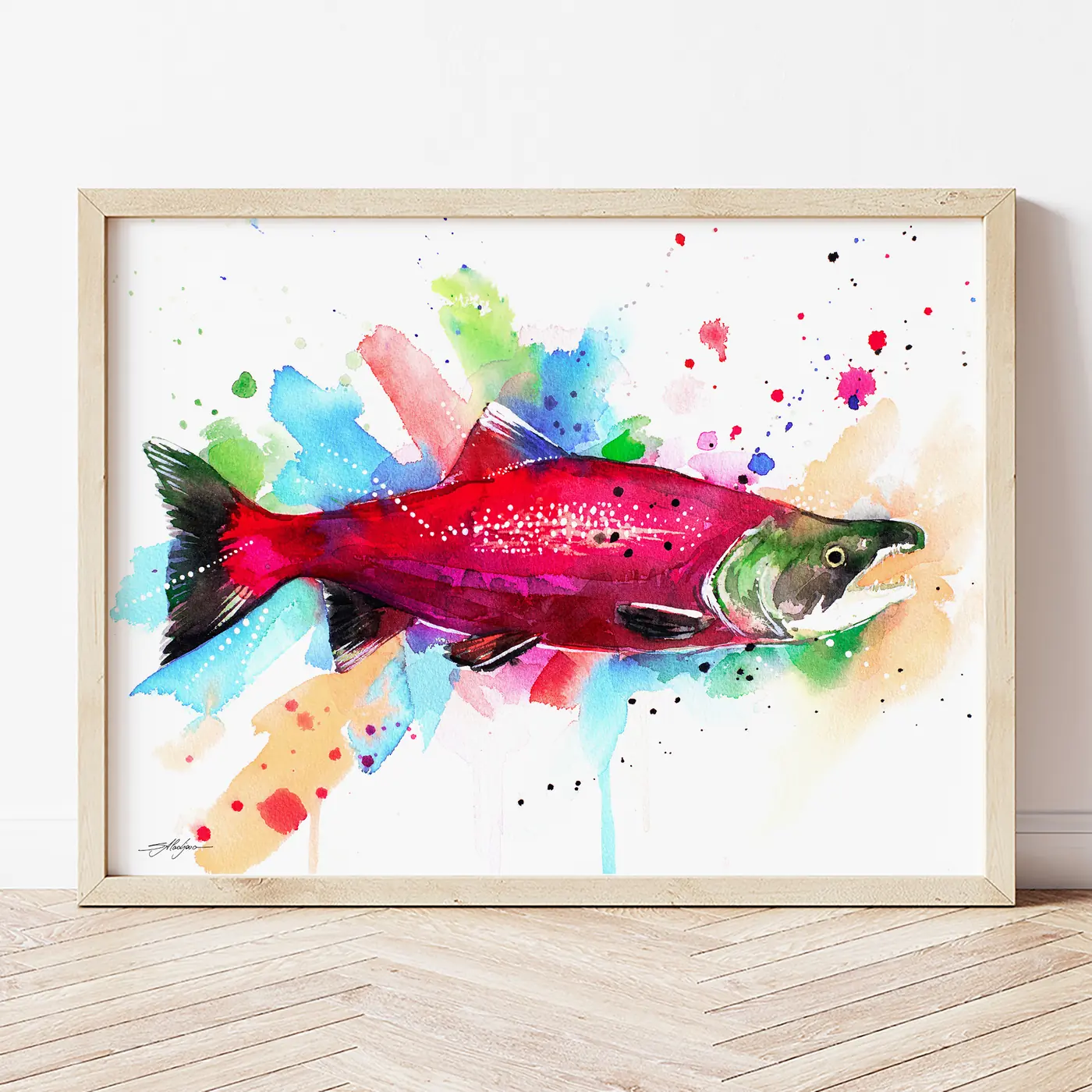 Art print with a watercolour sockeye salmon print