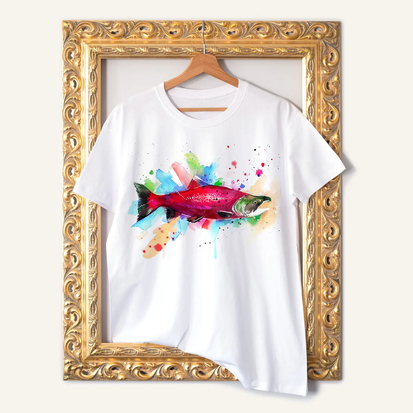 White t-shirt with a watercolour sockeye salmon print
