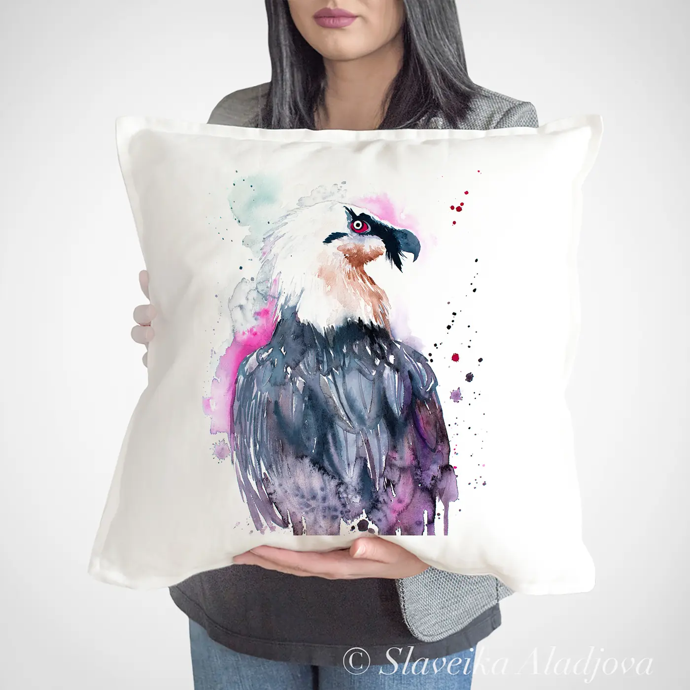 Cushion with a watercolour bearded vulture print