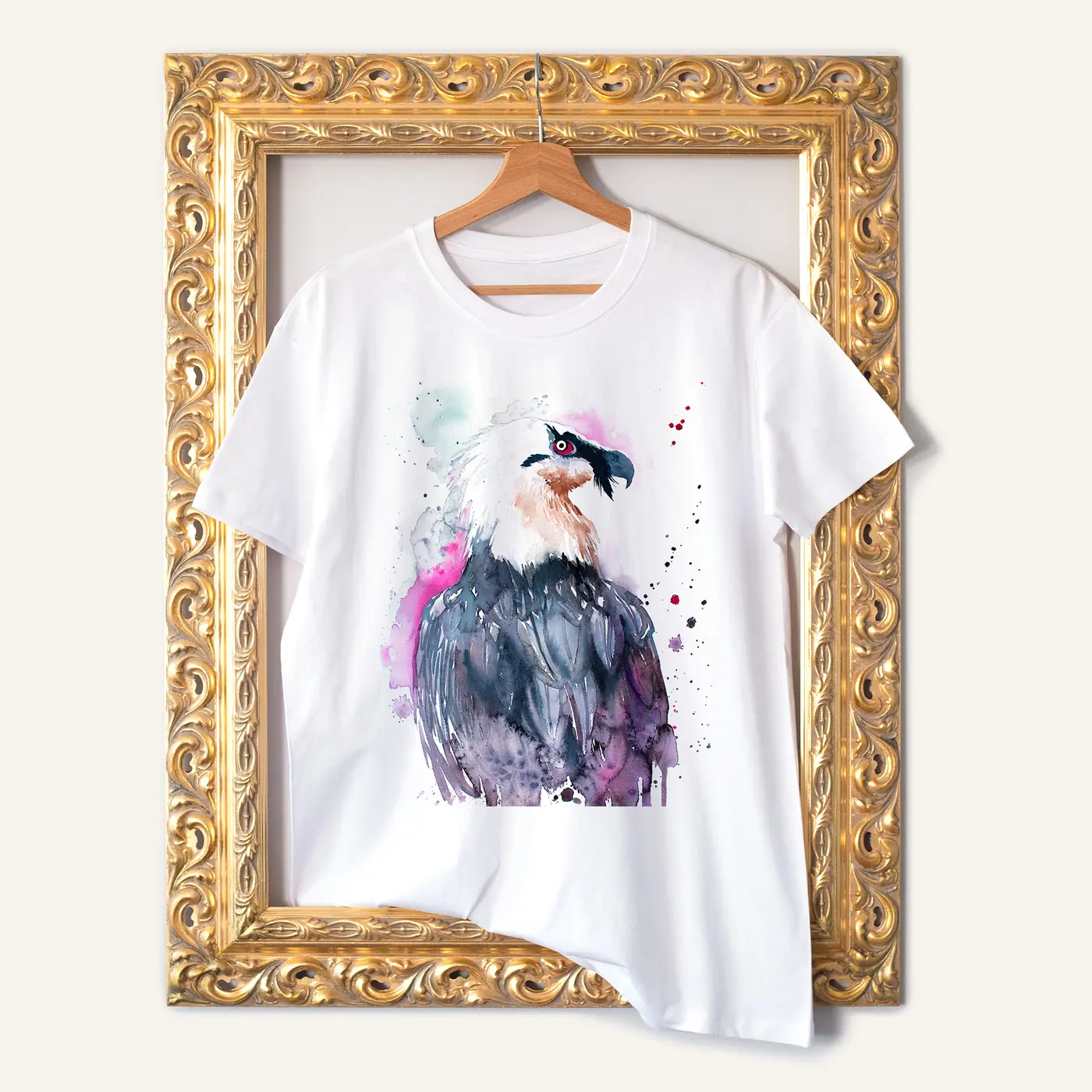 White t-shirt with a watercolour bearded vulture print