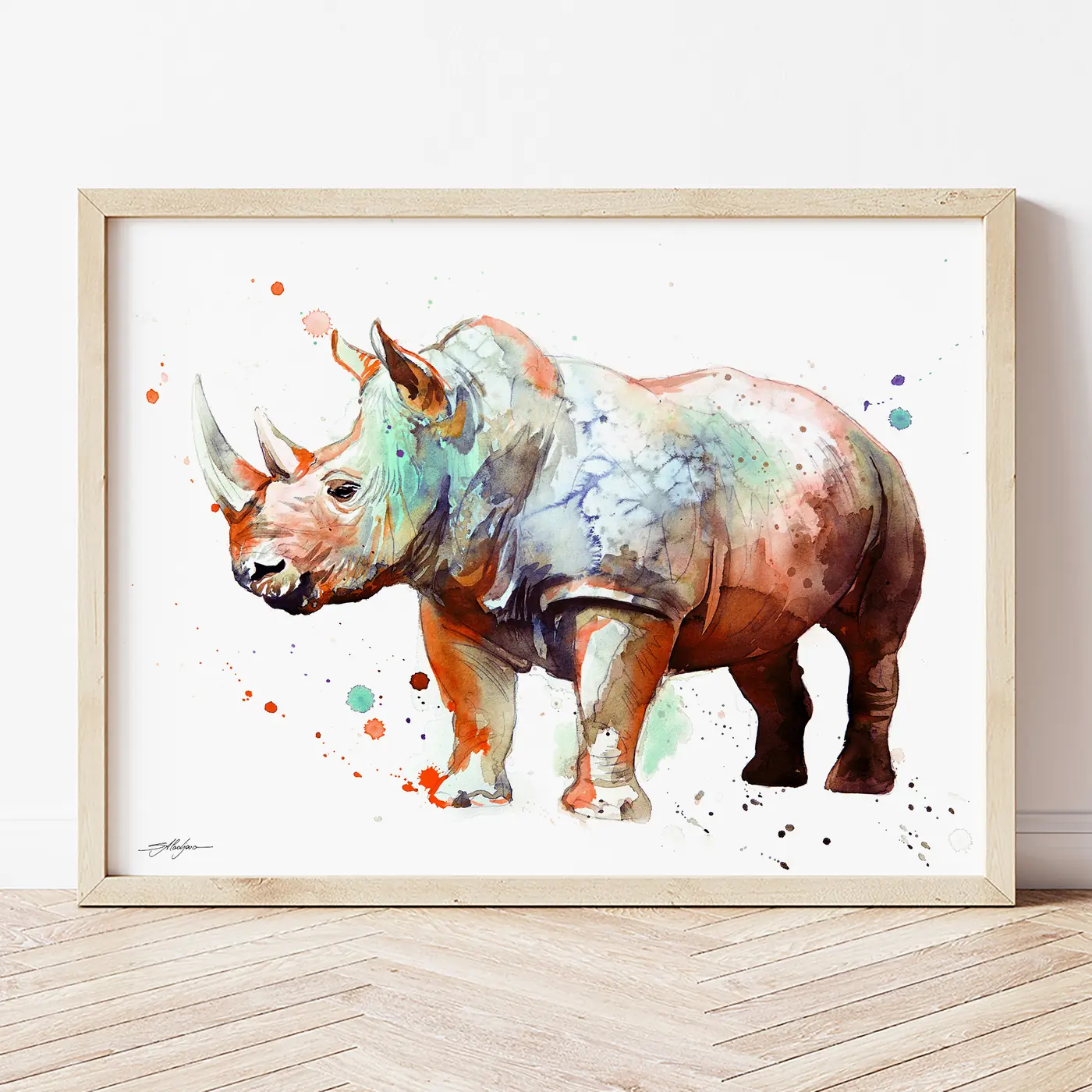 Art print with a watercolour white rhinoceros print