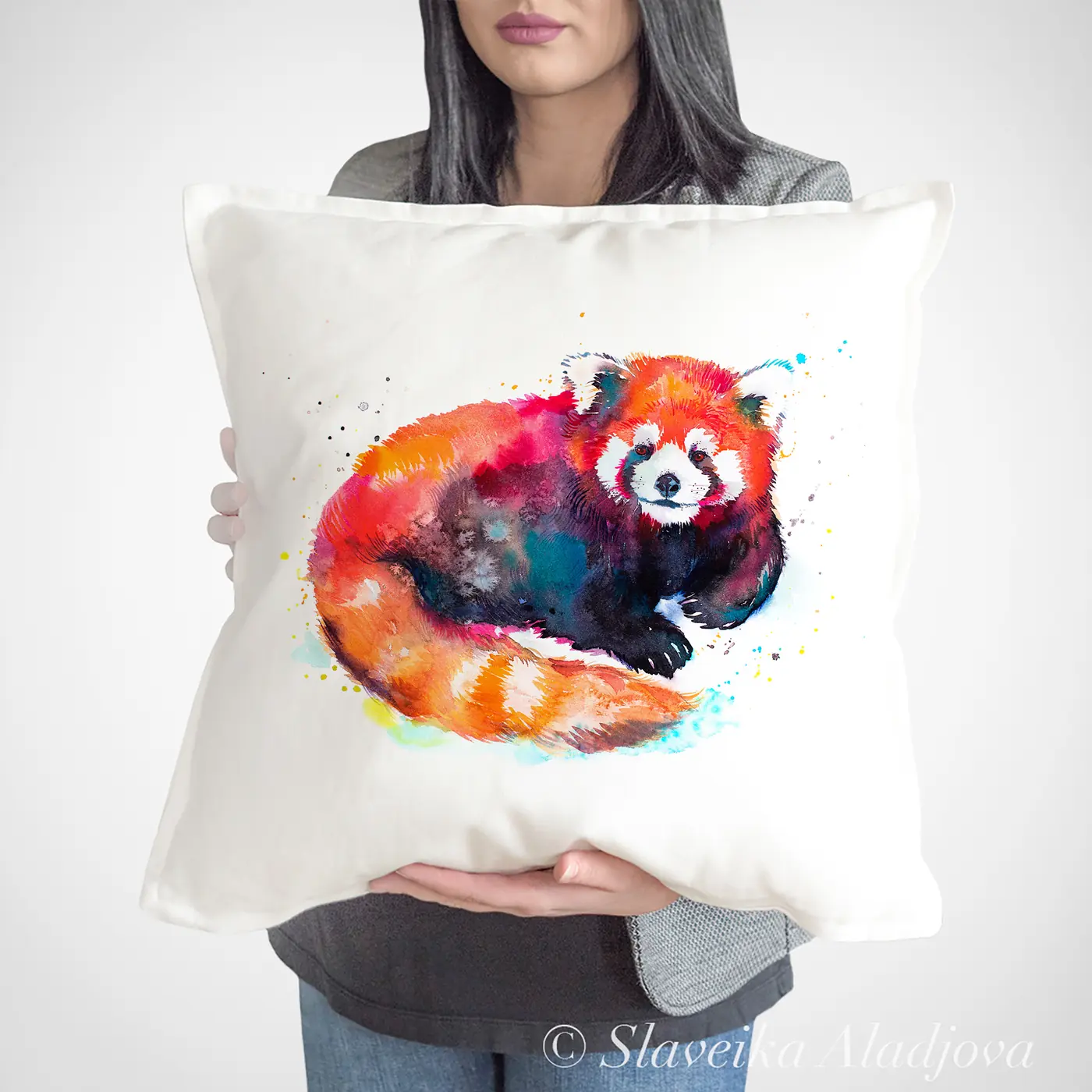 Cushion with a watercolour red panda print