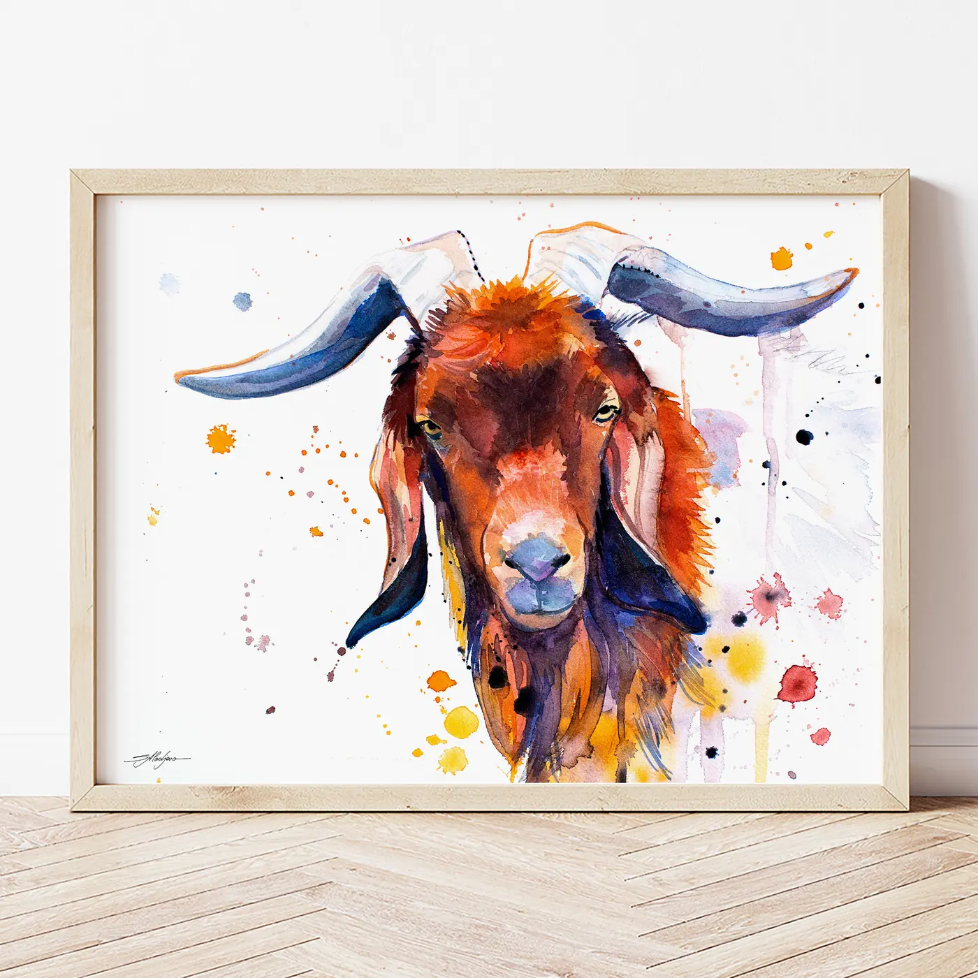 Art print with a watercolour brown goat print