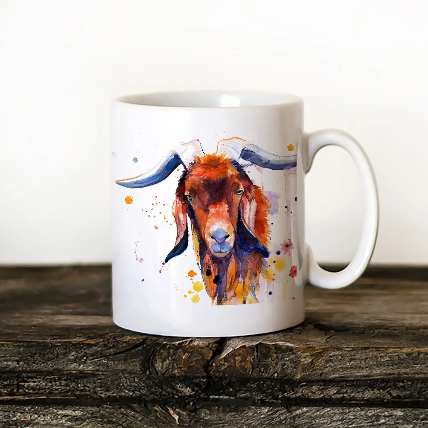 Ceramic mug with a watercolour brown goat print
