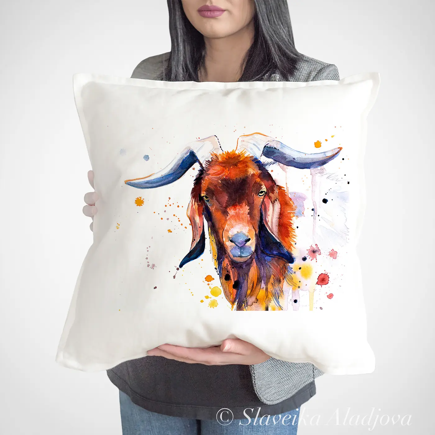 Cushion with a watercolour brown goat print