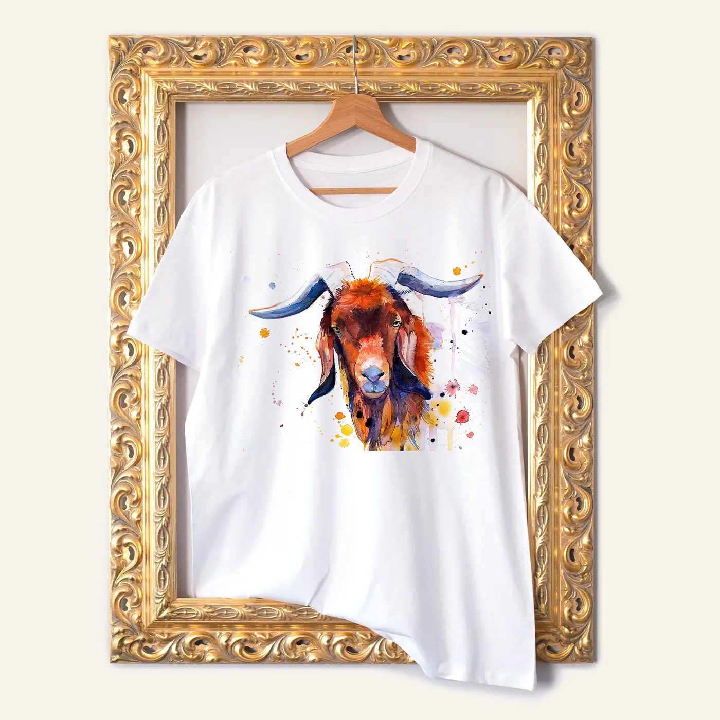 White t-shirt with a watercolour brown goat print
