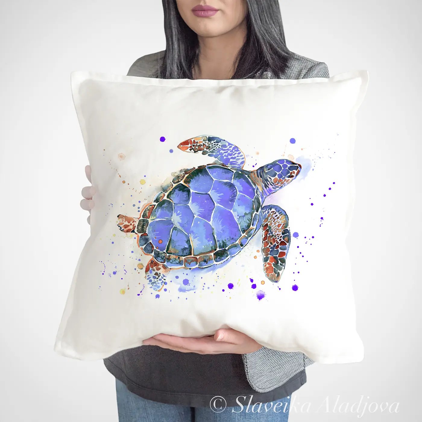 Cushion with a watercolour sea turtle print