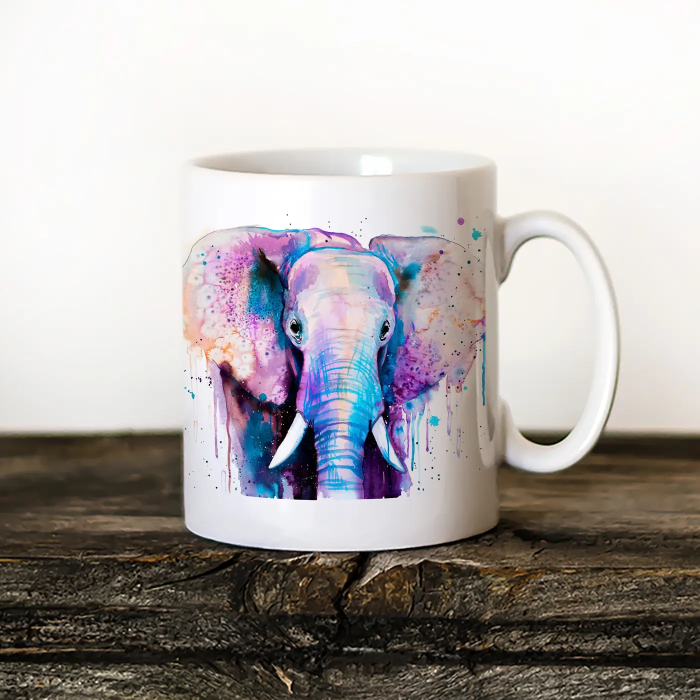 Ceramic mug with a watercolour elephant print