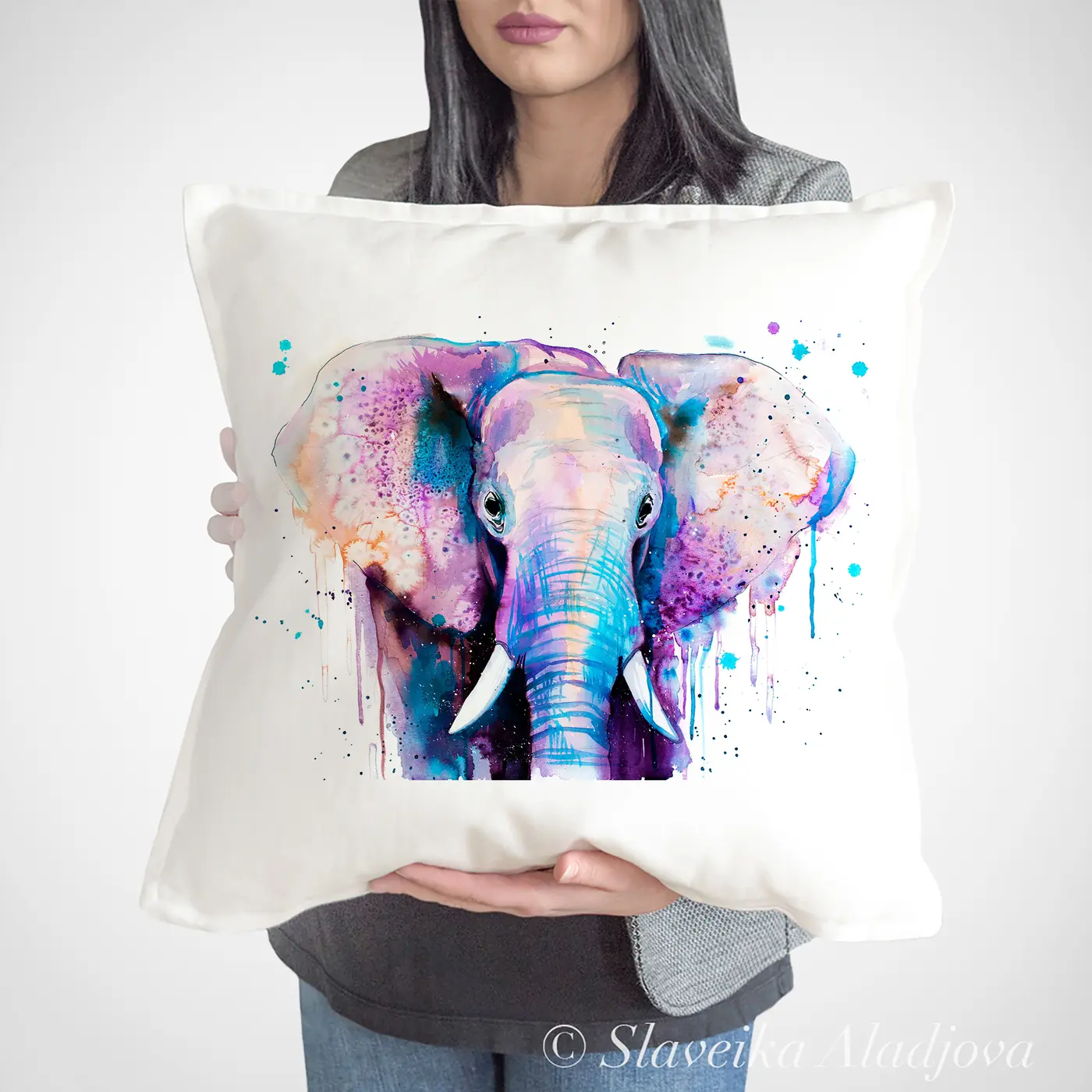 Cushion with a watercolour elephant print