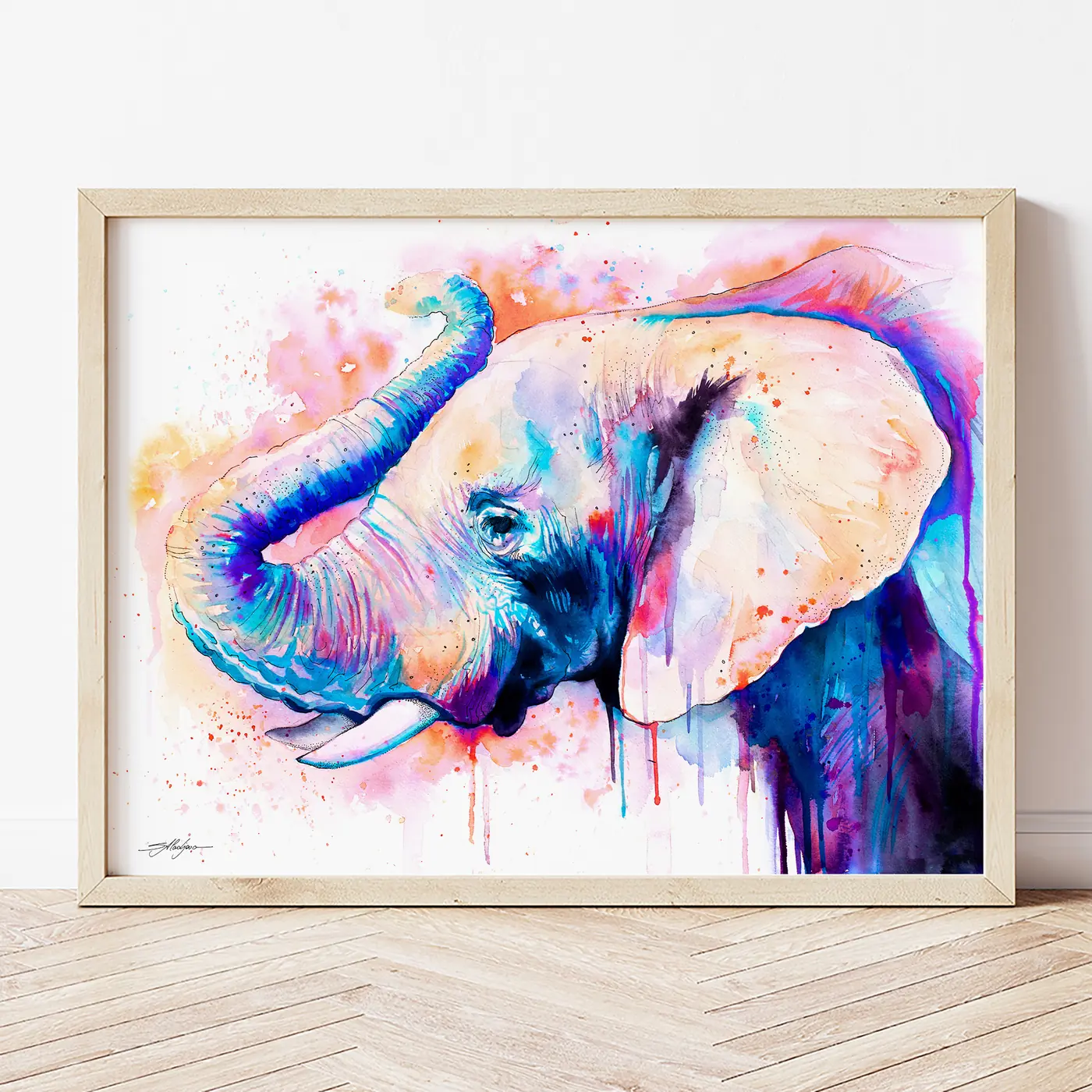 Art print with a watercolour elephant in purple print