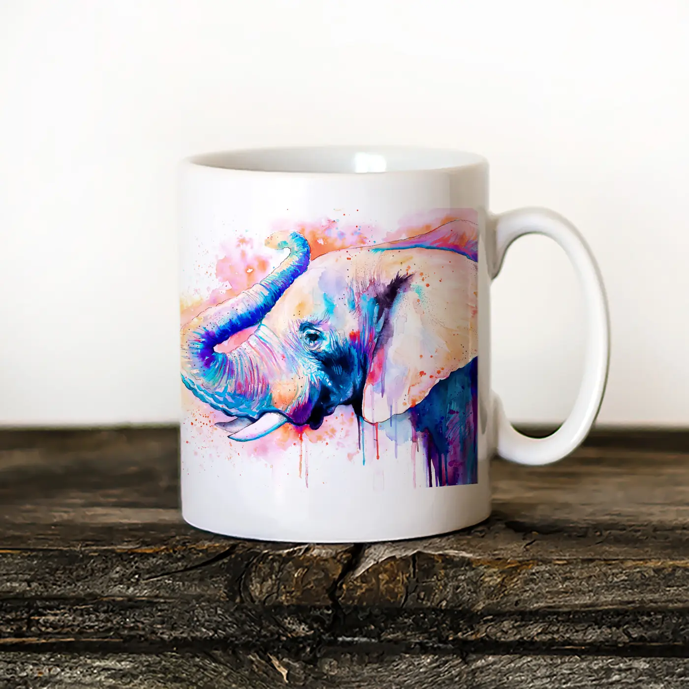 Ceramic mug with a watercolour elephant in purple print
