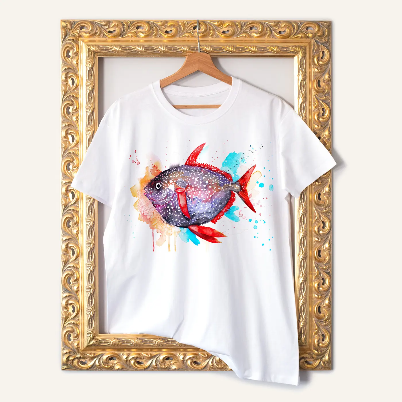 White t-shirt with a watercolour moonfish print