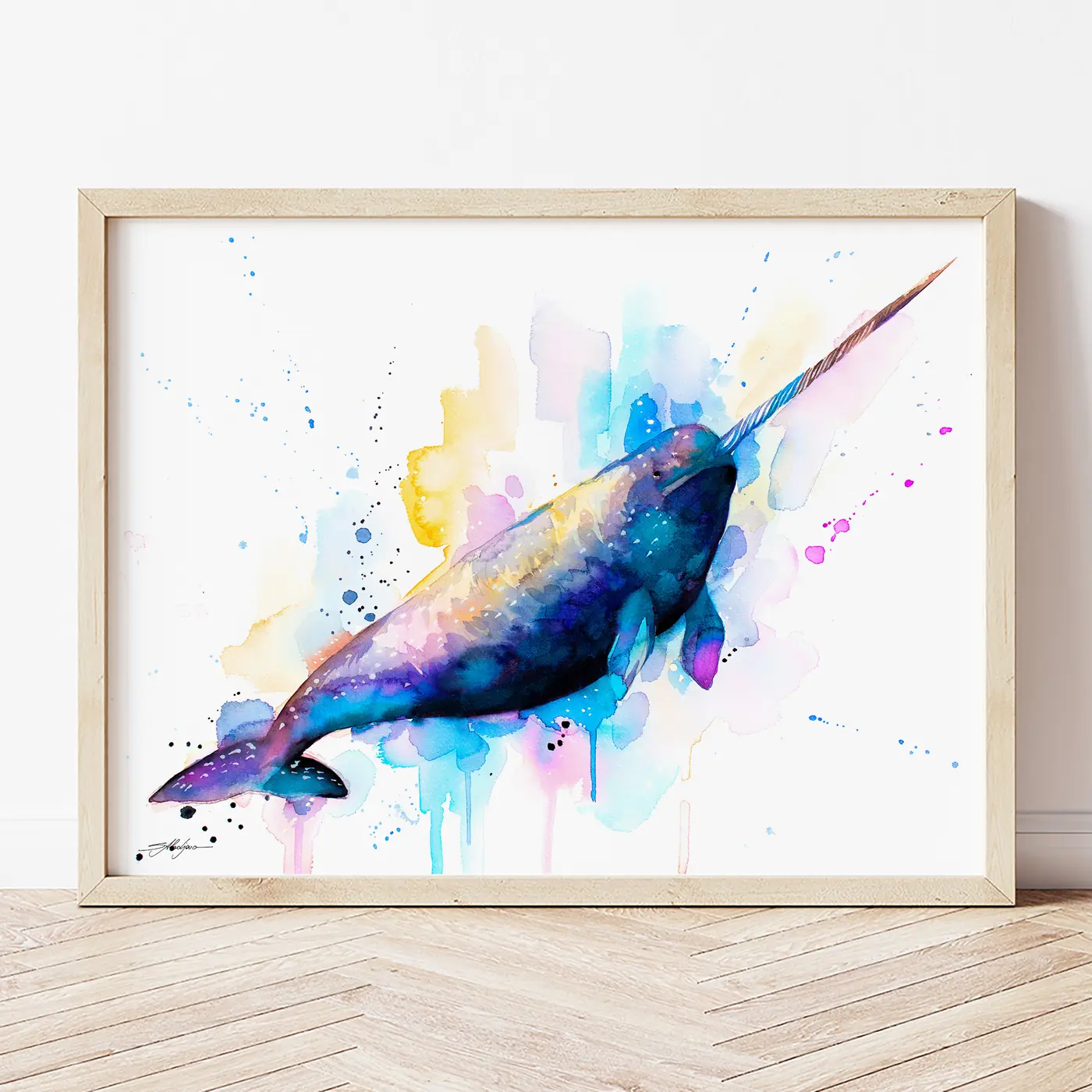 Art print with a watercolour narwhal print
