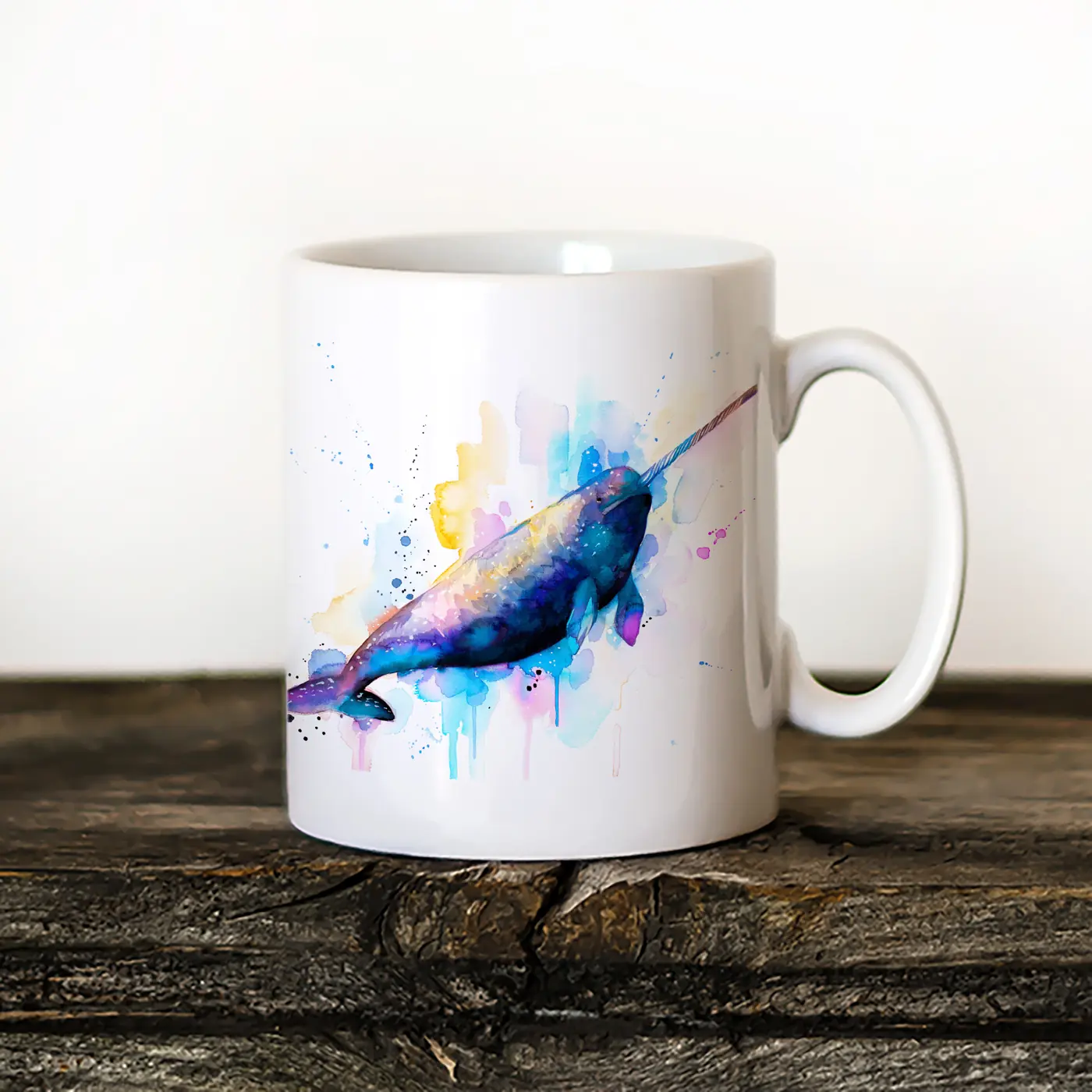 Ceramic mug with a watercolour narwhal print