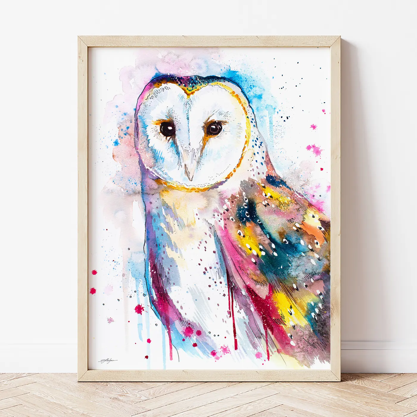 Art print with a watercolour barn owl print