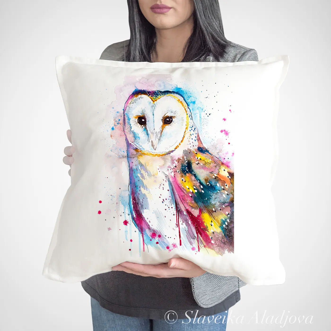 Cushion with a watercolour barn owl print