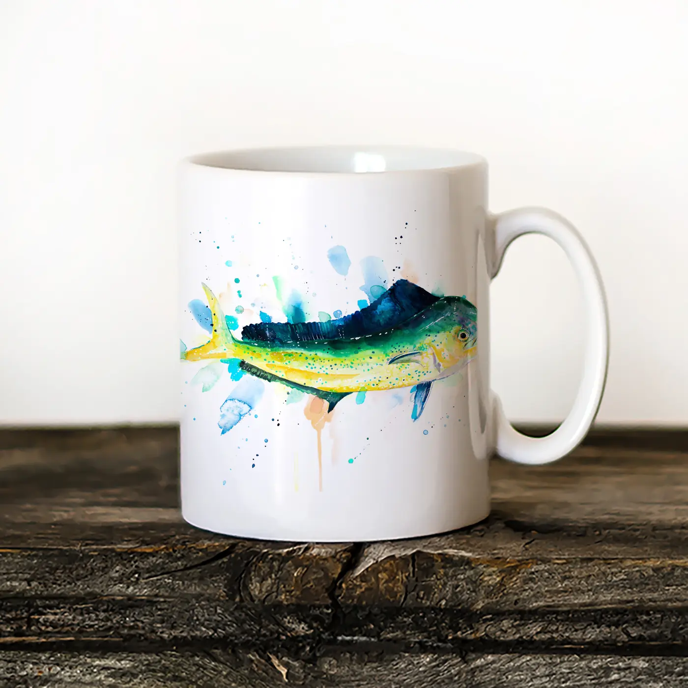 Ceramic mug with a watercolour mahi-mahi print