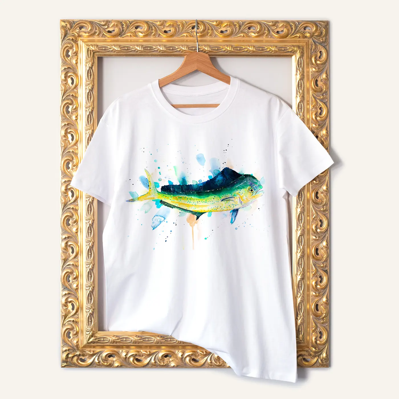 White t-shirt with a watercolour mahi-mahi print