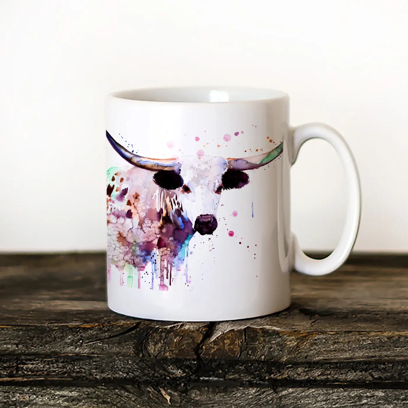 Ceramic mug with a watercolour texas longhorn print