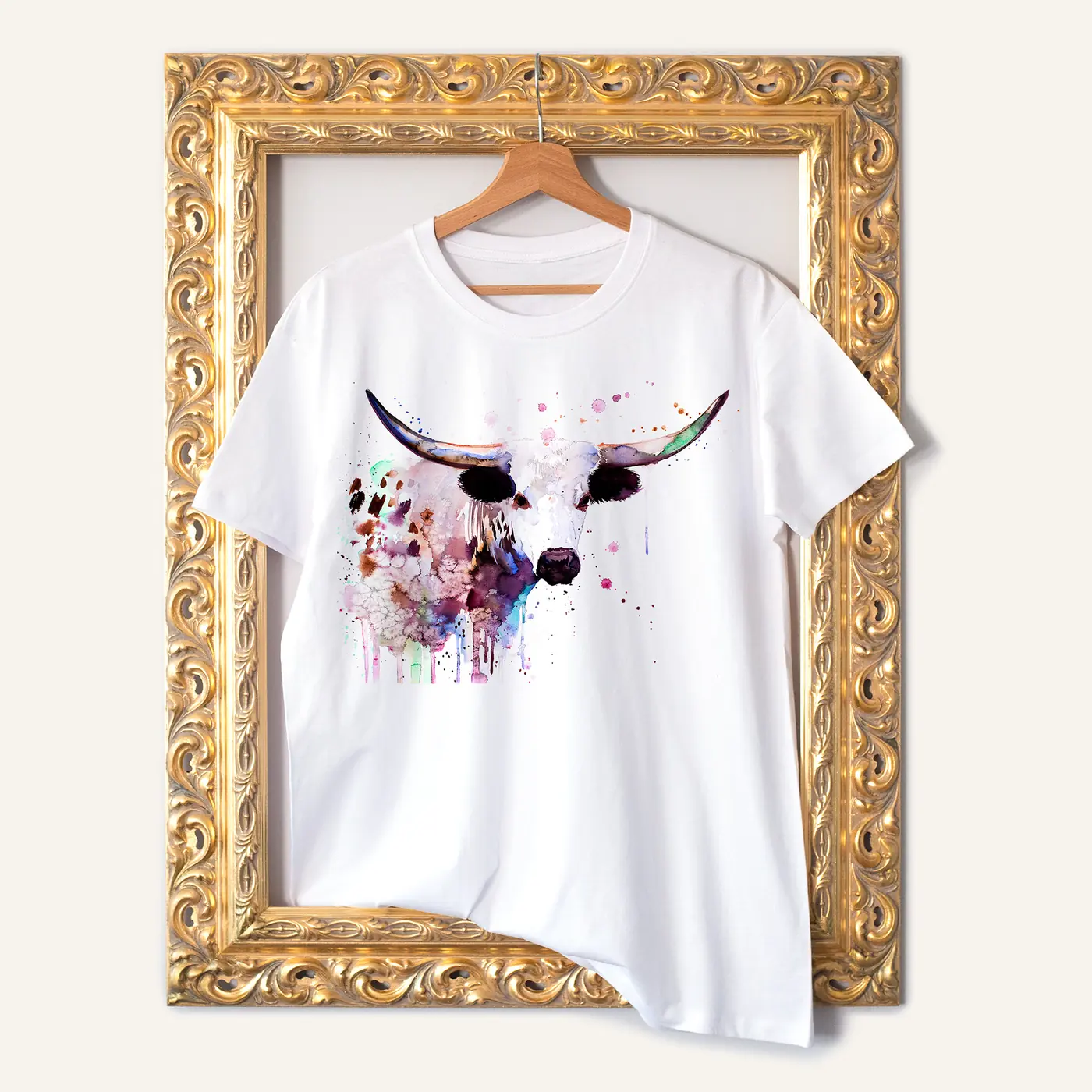 White t-shirt with a watercolour texas longhorn print