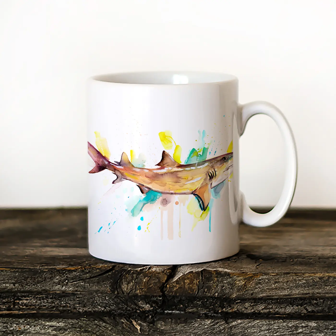 Ceramic mug with a watercolour lemon shark print