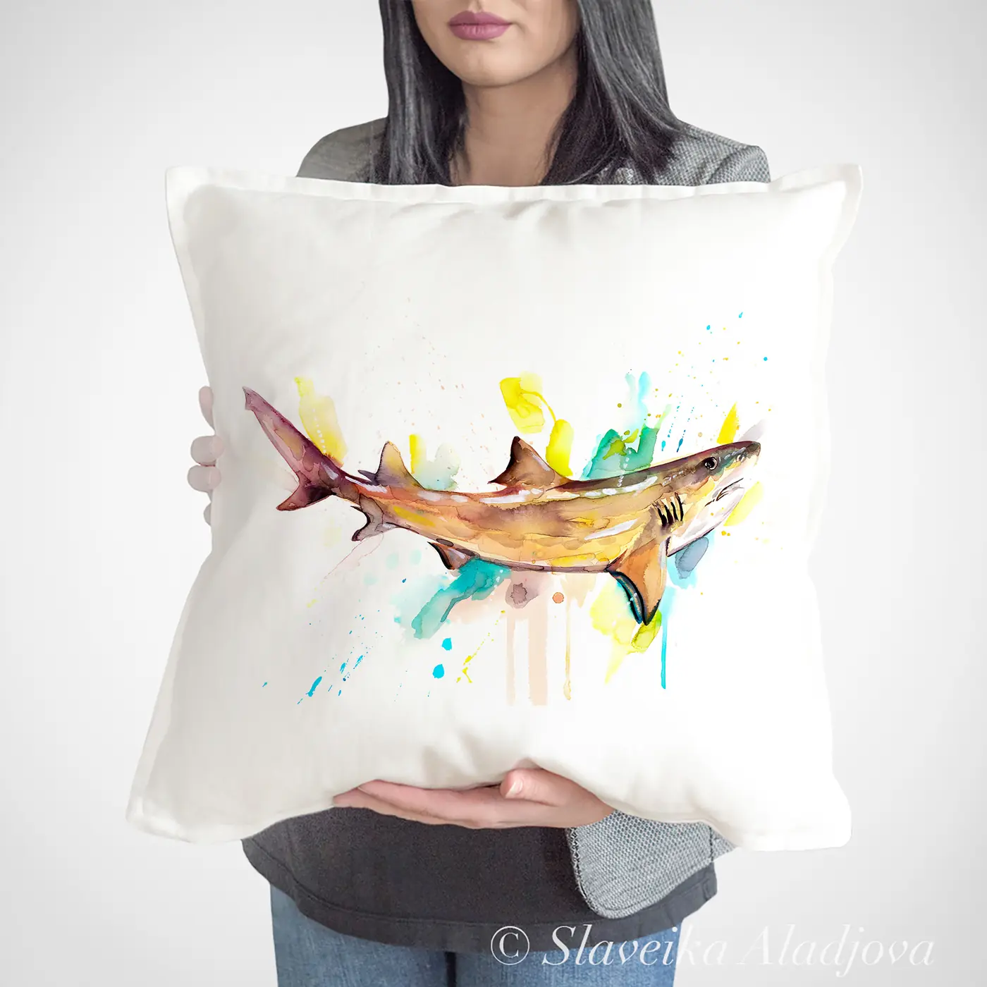 Cushion with a watercolour lemon shark print