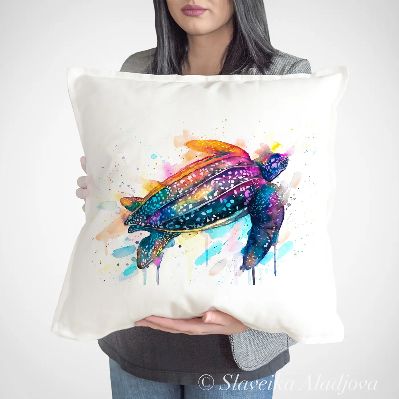 Cushion with a watercolour leatherback turtle print