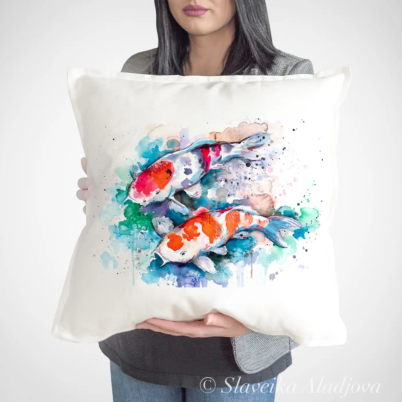 Cushion with a watercolour koi carp print