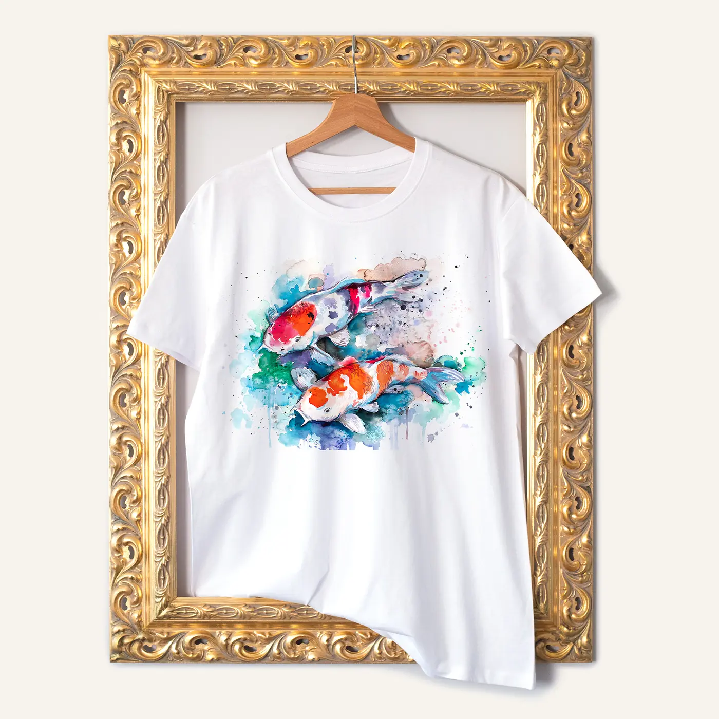White t-shirt with a watercolour koi carp print