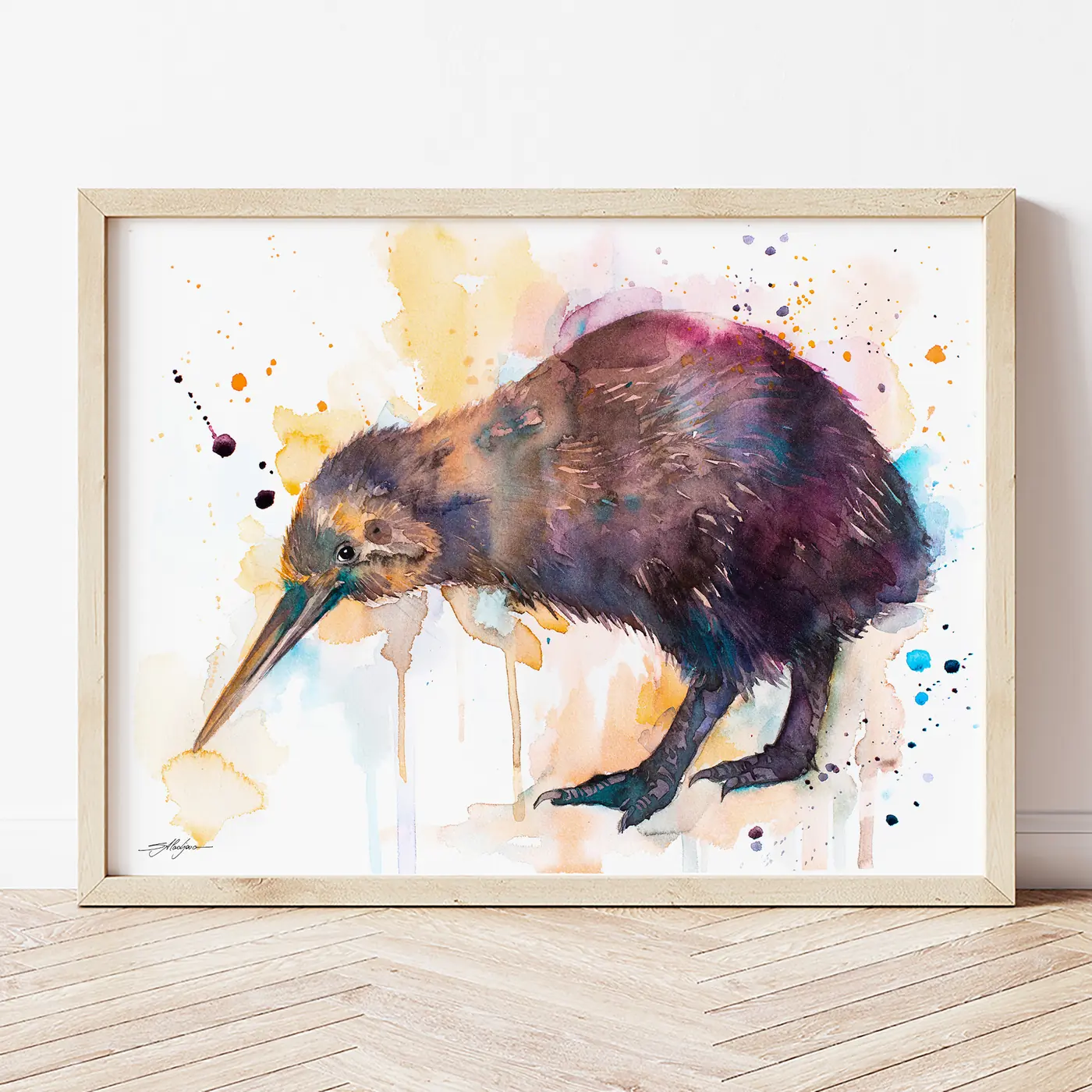 Art print with a watercolour kiwi bird print