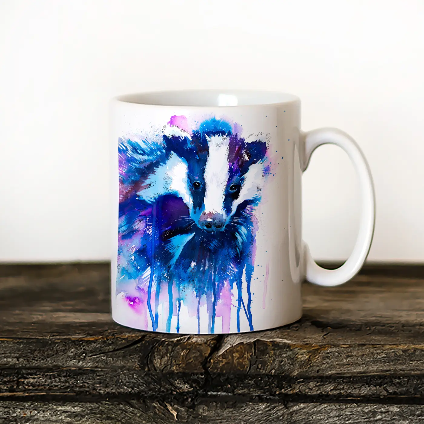 Ceramic mug with a watercolour badger print