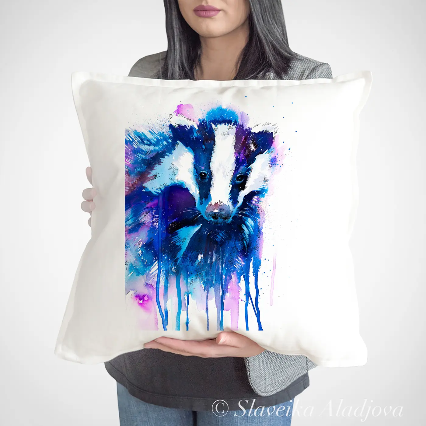 Cushion with a watercolour badger print