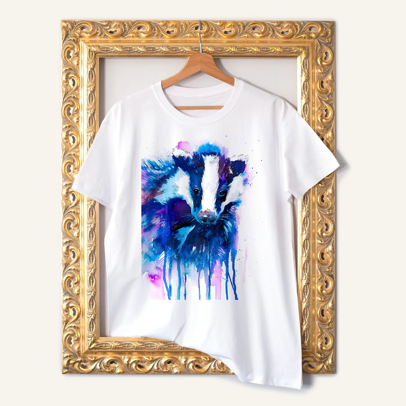 White t-shirt with a watercolour badger print