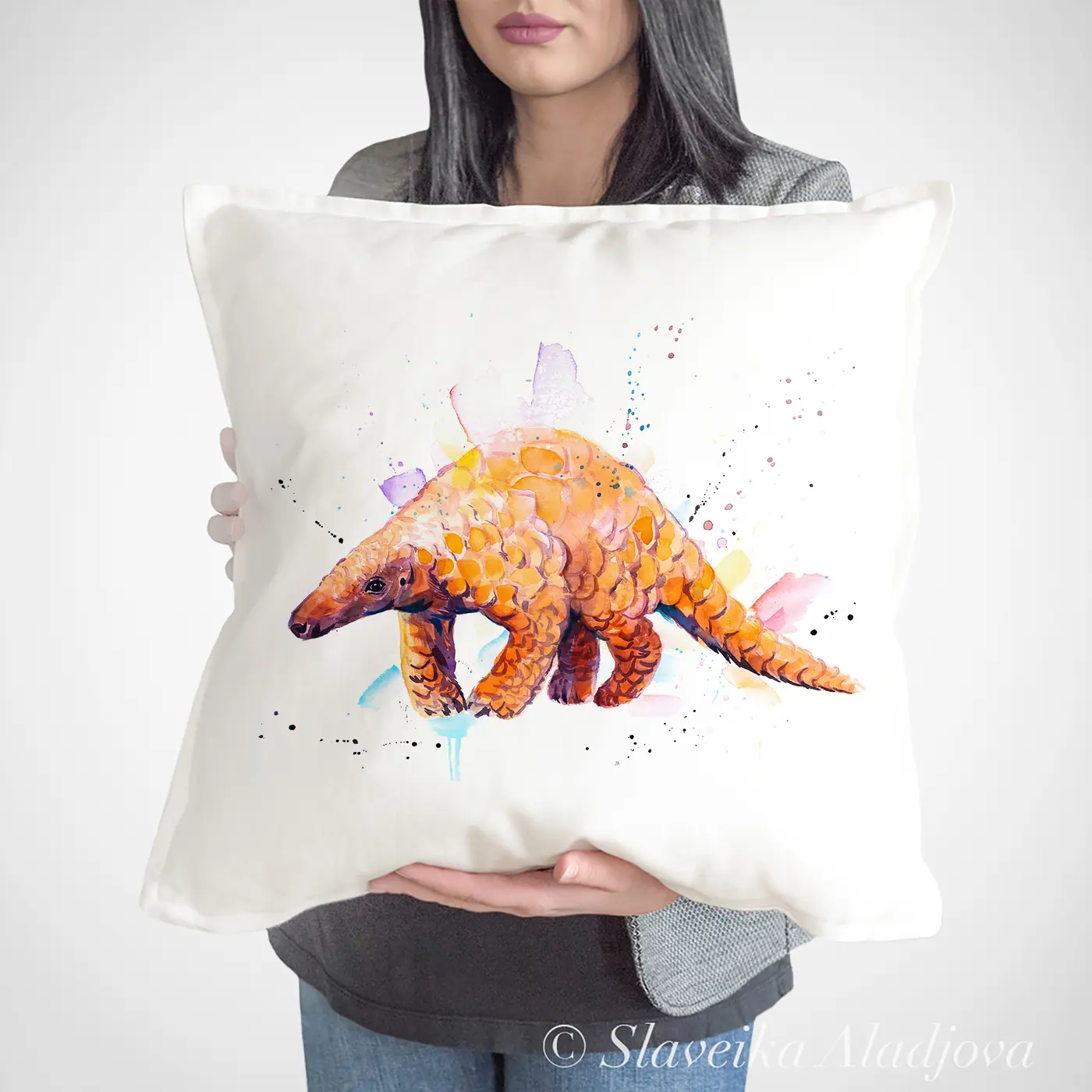 Cushion with a watercolour pangolin print