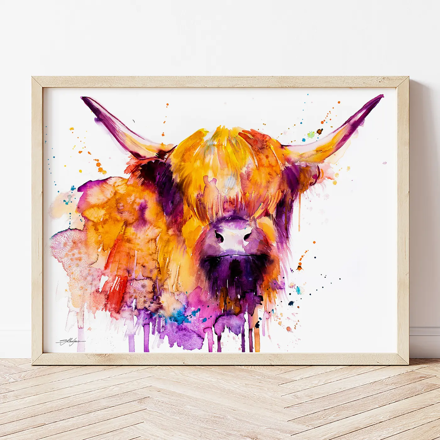 Art print with a watercolour ginger highland cow print