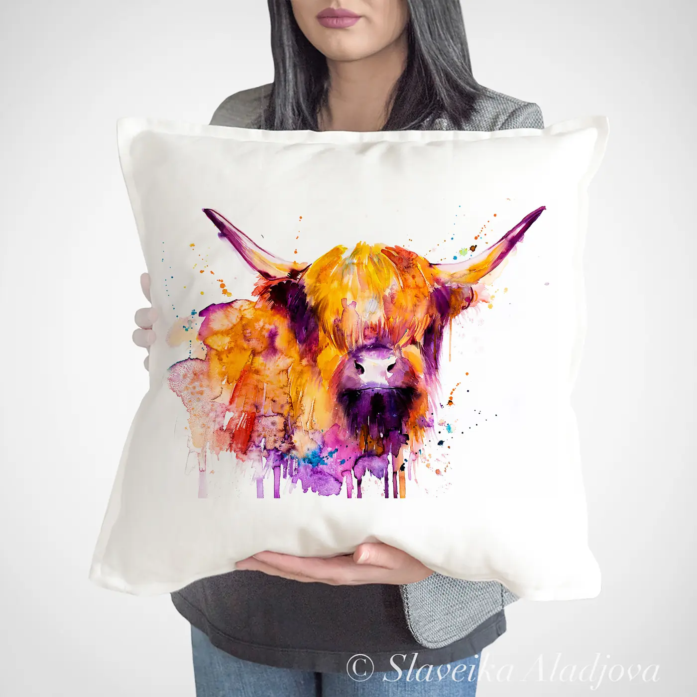 Cushion with a watercolour ginger highland cow print