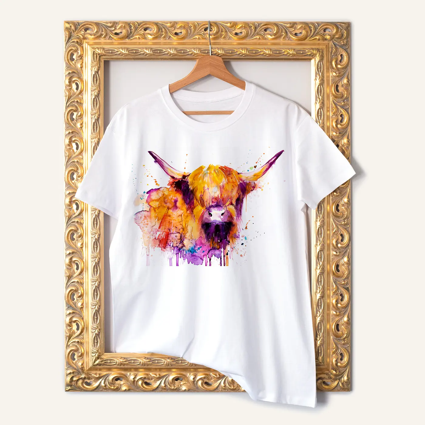 White t-shirt with a watercolour ginger highland cow print